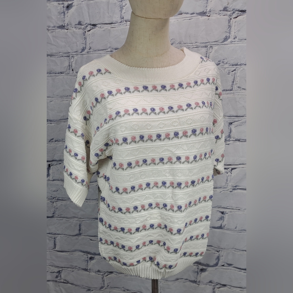 NWT Jordano Women's Sweater Cottagecore Floral Crewneck S/S Knit Oversized Large